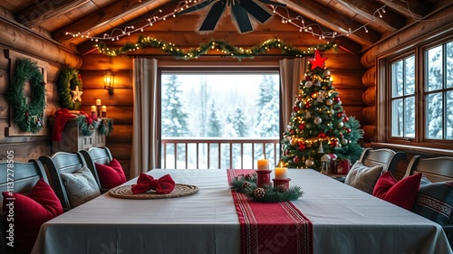 Empty wooden table in cozy Christmas room of a wood cottage, overlooking stunning winter nature, serene, wood cottage photo