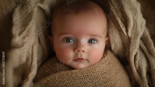 A close-up of a baby looking at the camera.