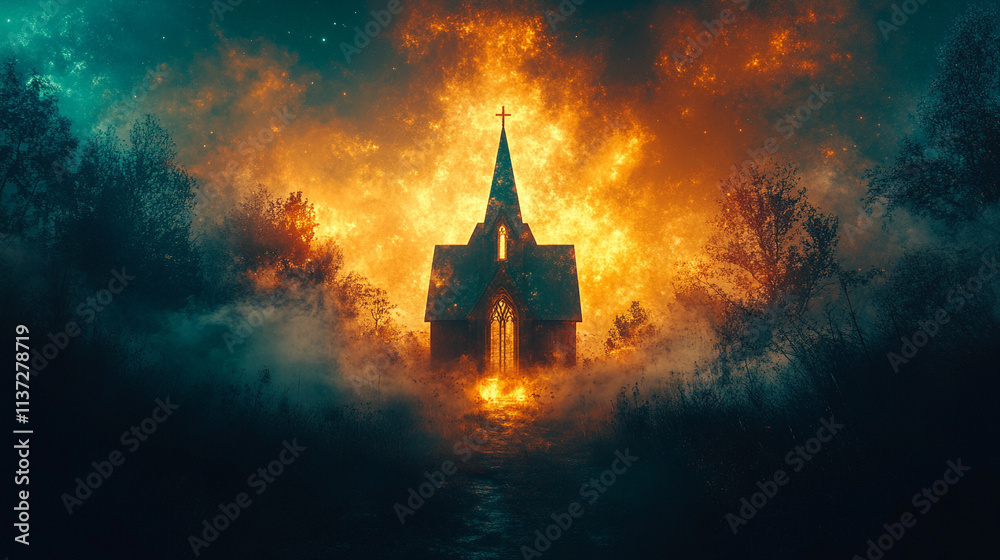 Fototapeta premium church emerging from the clouds symbolizes spiritual elevation, purity, and divine connection, representing transcendence and a higher connection with the divine amidst chaos