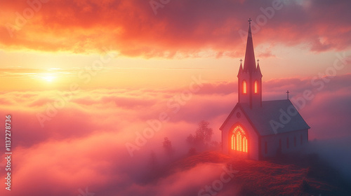 church emerging from the clouds symbolizes spiritual elevation, purity, and divine connection, representing transcendence and a higher connection with the divine amidst chaos