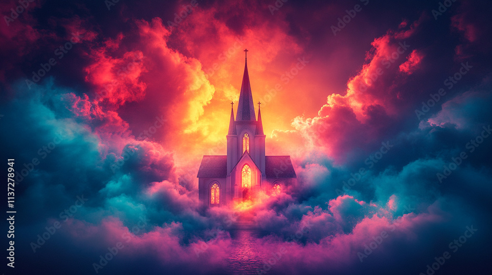 Fototapeta premium church emerging from the clouds symbolizes spiritual elevation, purity, and divine connection, representing transcendence and a higher connection with the divine amidst chaos