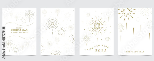 firework happy new year with gold outline on white background.Editable vector illustration for vertical design