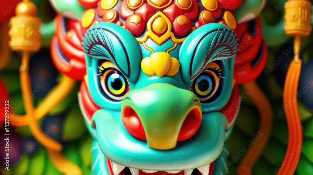 Fototapeta premium Colorful Chinese dragon mask with intricate details and vibrant colors, symbolizing tradition, culture, and festive celebration.