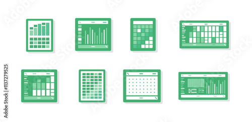 Spreadsheet flat illustration. Financial accounting report concept. office things for planning accounting, analysis, audit, project management, marketing, research vector set. Infographic UI Elements