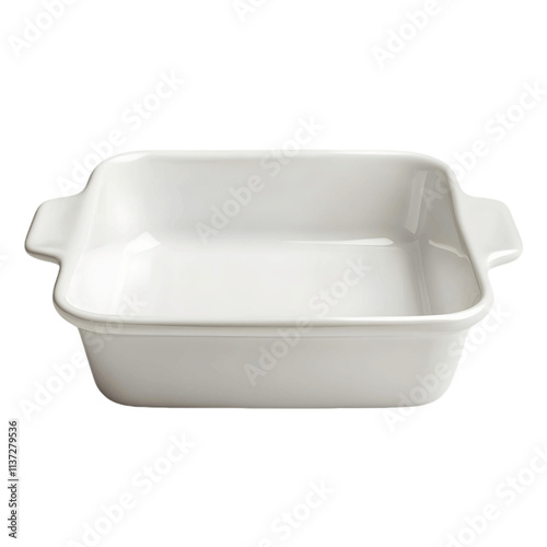 A white square pan with a handle sits on a transparent background