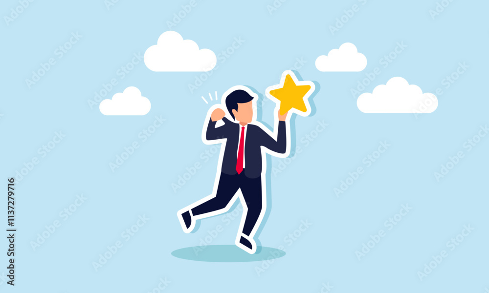 A businessman unconsciously pulls his own shirt while holding a star, illustration of self-awareness in restraining selfishness to improve business quality A businessman unconsciously pulls his own shirt while holding a star, illustration of self-awareness in restraining selfishness to improve business quality