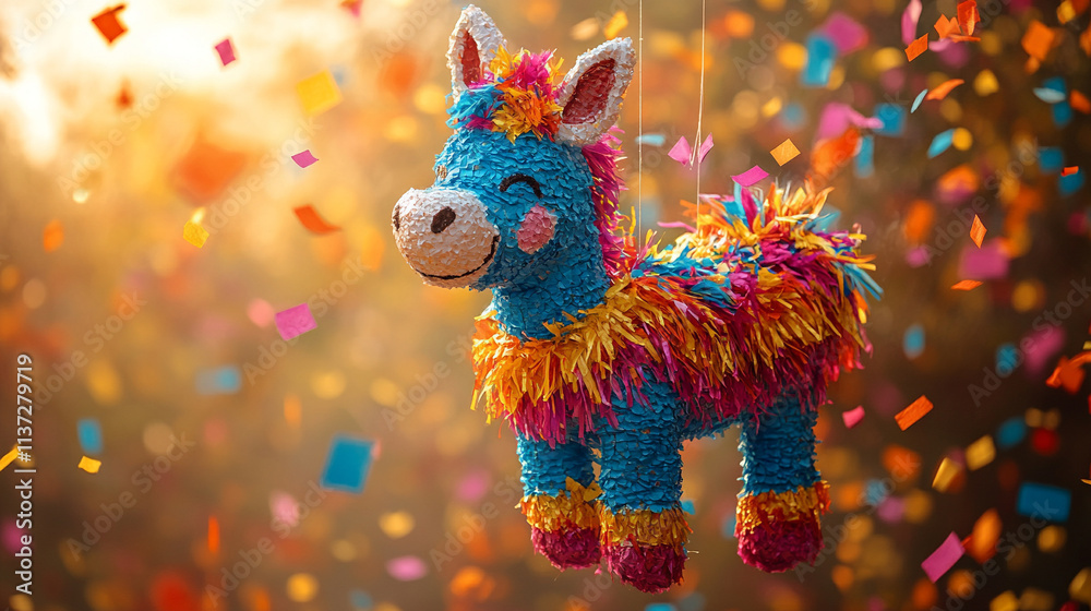 colorful and playful donkey piñata hanging against a blurred background with falling confetti, symbolizing joy, celebration, and cultural traditions during Las Posadas, a festive Hispanic holiday colorful and playful donkey piñata hanging against a blurred background with falling confetti, symbolizing joy, celebration, and cultural traditions during Las Posadas, a festive Hispanic holiday