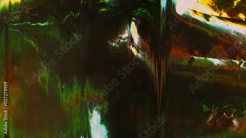 Color noise. Old film overlay. Distressed texture. Green red white light flare dust scratch rust stain glitch defect aged foil distortion illustration art abstract background.