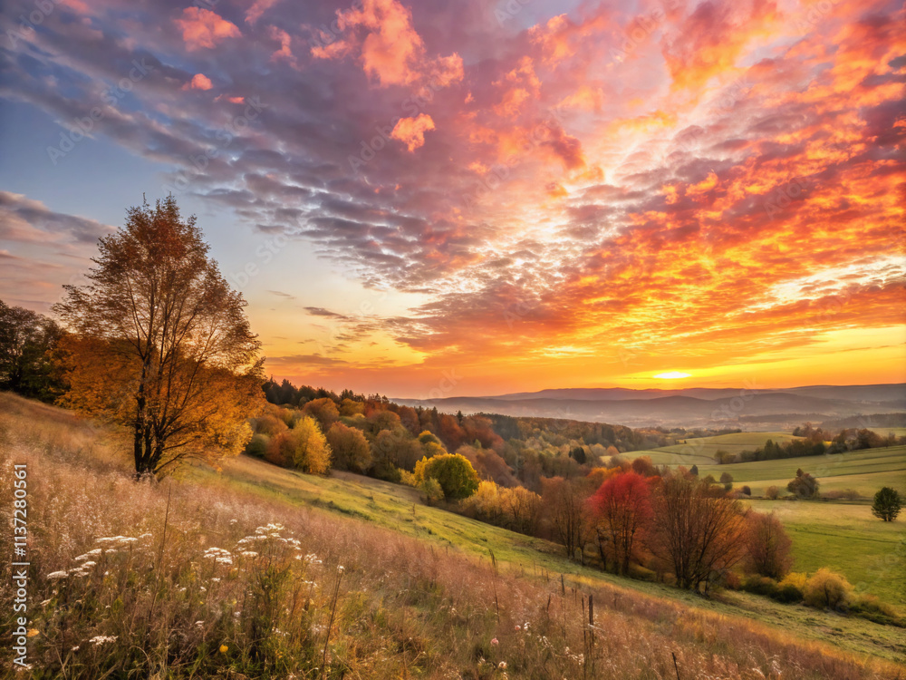 Fototapeta premium sunset over the river. landscape, sky, nature, mountain, road, sunset, hill, grass, tree, field, autumn, meadow, green, forest, sun, cloud, rural, summer, mountains, sunrise, panorama, path, clouds, o