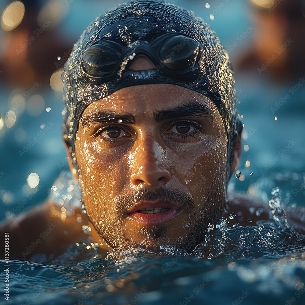 Triathlete swimming in open water with competitors during a race