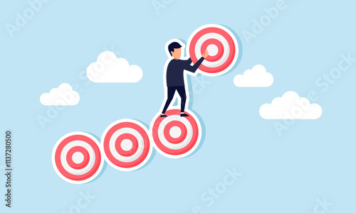 A businessman arranges a row of target boards like stairs, illustration of step-by-step completion of business targets