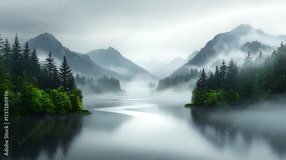 Tranquil mountain valley scene with intricate river system spreading through misty forest. Ultra-Realistic, Photo Realistic, highly detailed, Tranquil mountain valley scene with intricate river system spreading through misty forest. Ultra-Realistic, Photo Realistic, highly detailed,