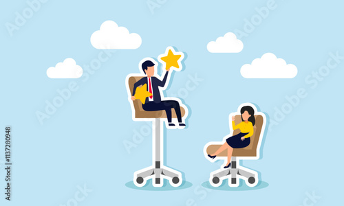 A businesswoman sits on an office chair in front of a businessman on a higher office chair holding a star, illustration of competing against competitors with great ratings and quality