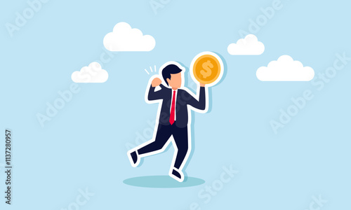 A businessman consciously pulls his own shirt while holding a dollar coin, illustration of self-awareness in restraining selfishness when seeking profit
