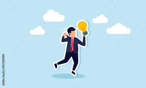 A businessman consciously pulls his own shirt while holding a lamp, illustration of self-awareness in restraining selfishness when applying business ideas and innovations