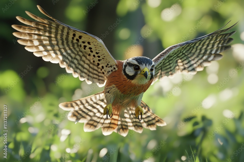 Fototapeta premium American kestrel in flight, wings spread, approaching camera.
