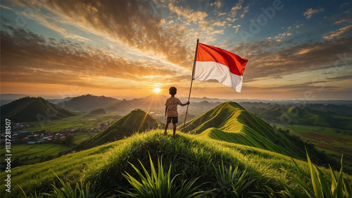 A child on a hill watching the sunrise with a fluttering Indonesian flag.