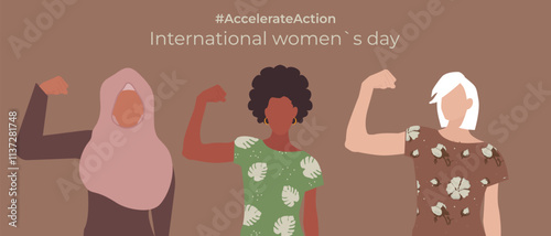 Banner of International Women's Day. A group of women of different nationalities#AccelerateAction campaign IWD2025. Vector illustration