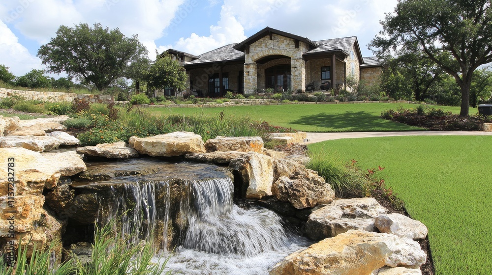 A front lawn with a natural rock waterfall feature blending seamlessly into the landscape A front lawn with a natural rock waterfall feature blending seamlessly into the landscape