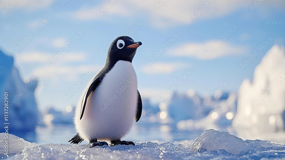 Obraz premium A charming penguin stands on the icy landscape, showcasing the beauty of its natural habitat in a serene, frozen environment.