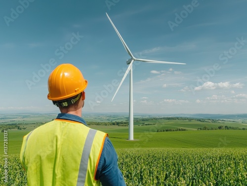 A worker in a safety helmet and vest observes a wind turbine in a lush green landscape under a clear blue sky.