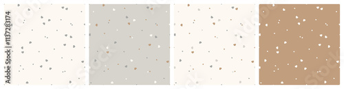 Vector Set of four Abstract Seamless Patterns with Small Heart Confetti. Love Background with Hearts for Valentine's day or Birthday.
