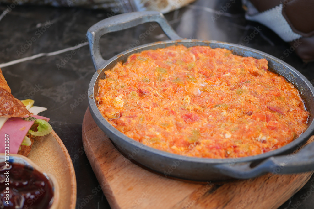 Turkish Menemen omelet in a frying pan. . Turkish Menemen omelet in a frying pan. .