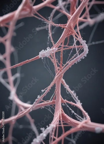 Scientific macro photograph showcasing collagen fibrils with triple helix molecules forming fiber structure on blank surface, wound repair, elasticity enhancer photo