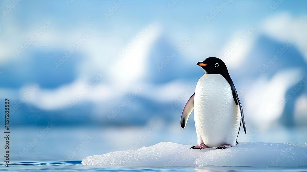 Obraz premium An adorable penguin standing on ice, surrounded by a stunning icy landscape, showcasing the beauty of nature's cold environments.