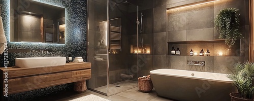 Modern bathroom interior with stylish design, featuring a bathtub, shower, and elegant lighting for a relaxing ambiance.