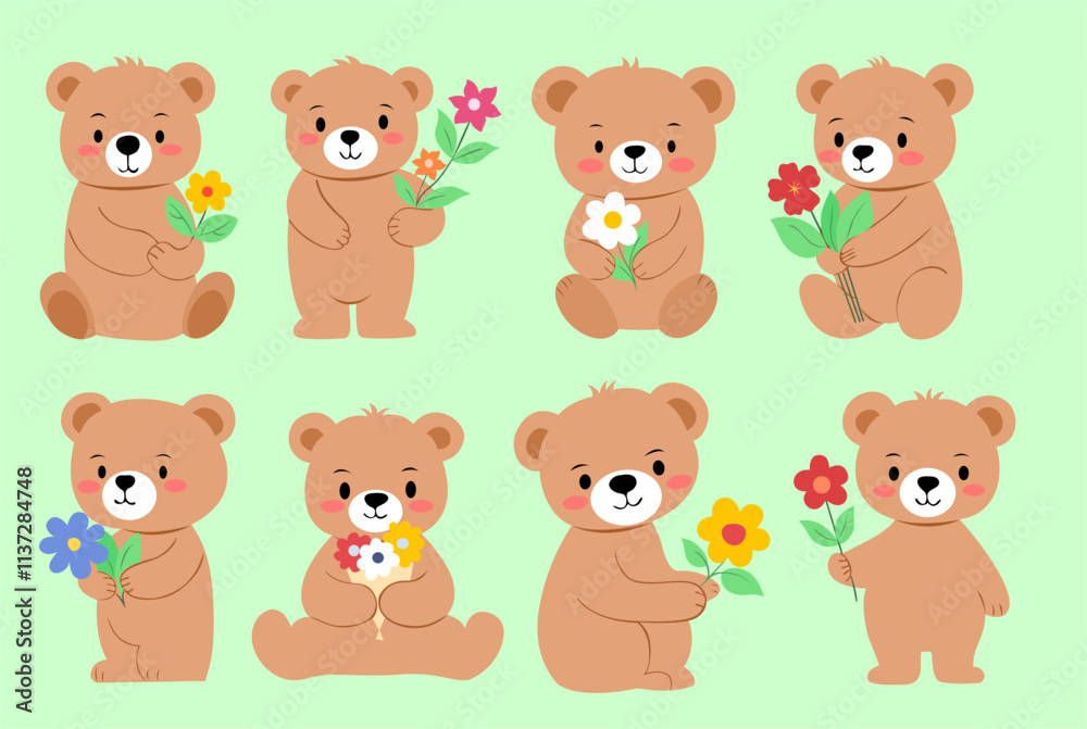 a collection of bears with flowers and a bear holding flowers. a collection of bears with flowers and a bear holding flowers.