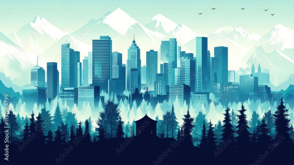 Obraz premium Cityscape nestled amidst a tranquil forest and snow capped mountains