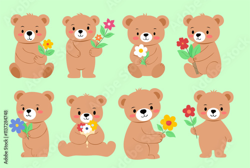 a collection of bears with flowers and a bear holding flowers.