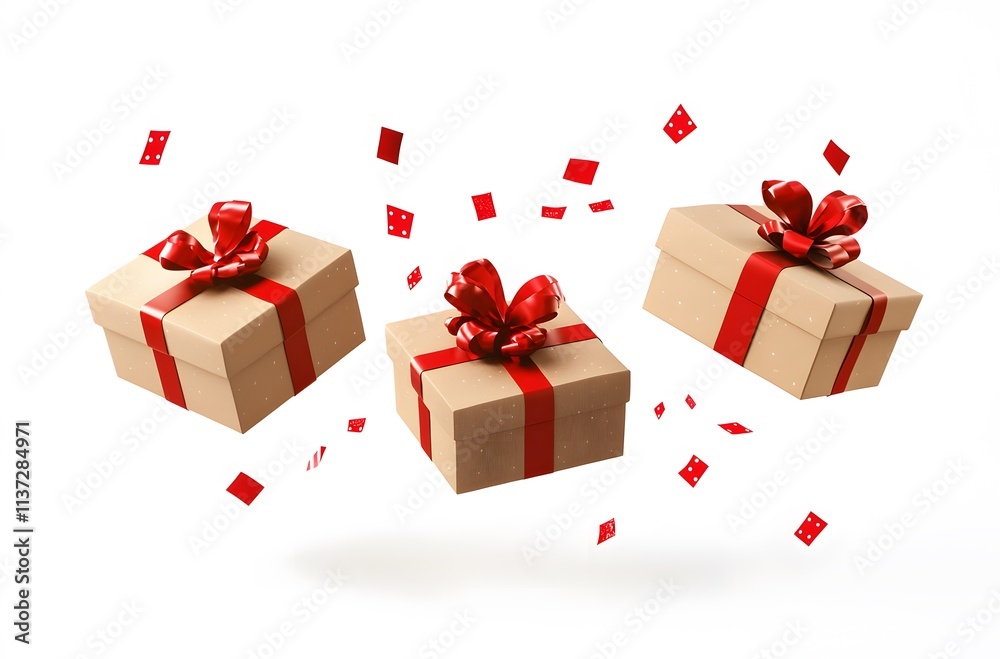 Obraz premium Three Gift Boxes Float With Red Ribbons and Confetti