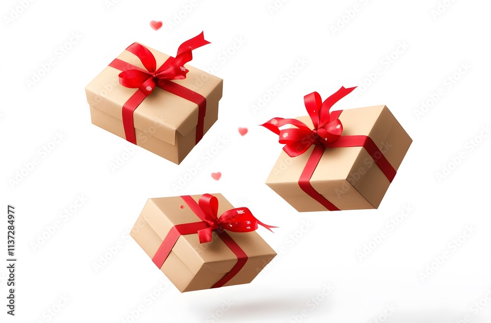 Fototapeta premium Three Kraft Paper Gift Boxes With Red Ribbons