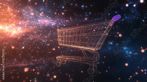 A surreal depiction of a shopping cart floating in a galaxy-like background. its wireframe glowing with tiny stars and cosmic dust. Ethereal streaks of light suggest motion, adding depth to the scene.