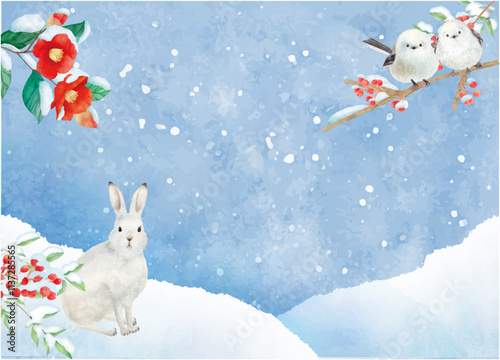 水彩で描いた冬の森の中の動物と風景