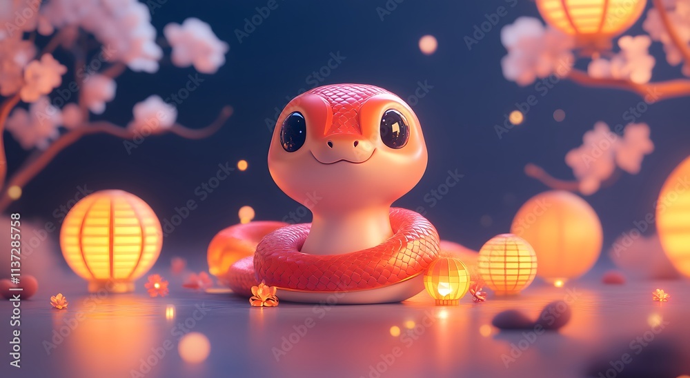 Adorable Red Snake Amidst Festive Lanterns and Blossoms Adorable Red Snake Amidst Festive Lanterns and Blossoms