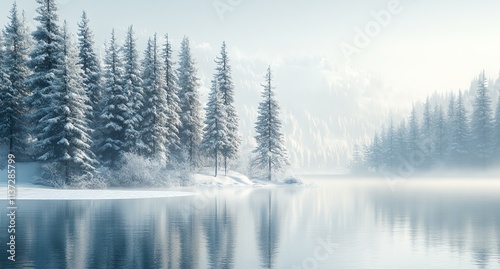 A snowy landscape with a body of water and trees in the background