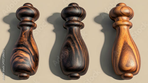 Elegant Wooden Pepper Mill Set, Three Richly Grained, Ornate Designs in Dark Brown and Golden Hues,  Standing Beautifully on a Neutral Background. photo