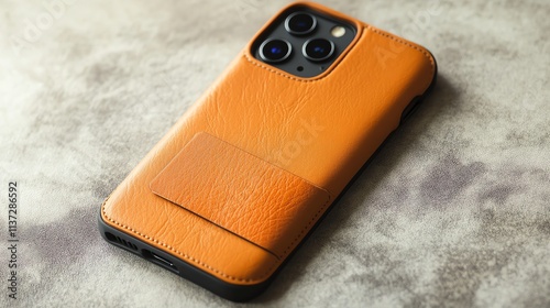 A tan leather phone case with a card pocket is on a grey surface. photo