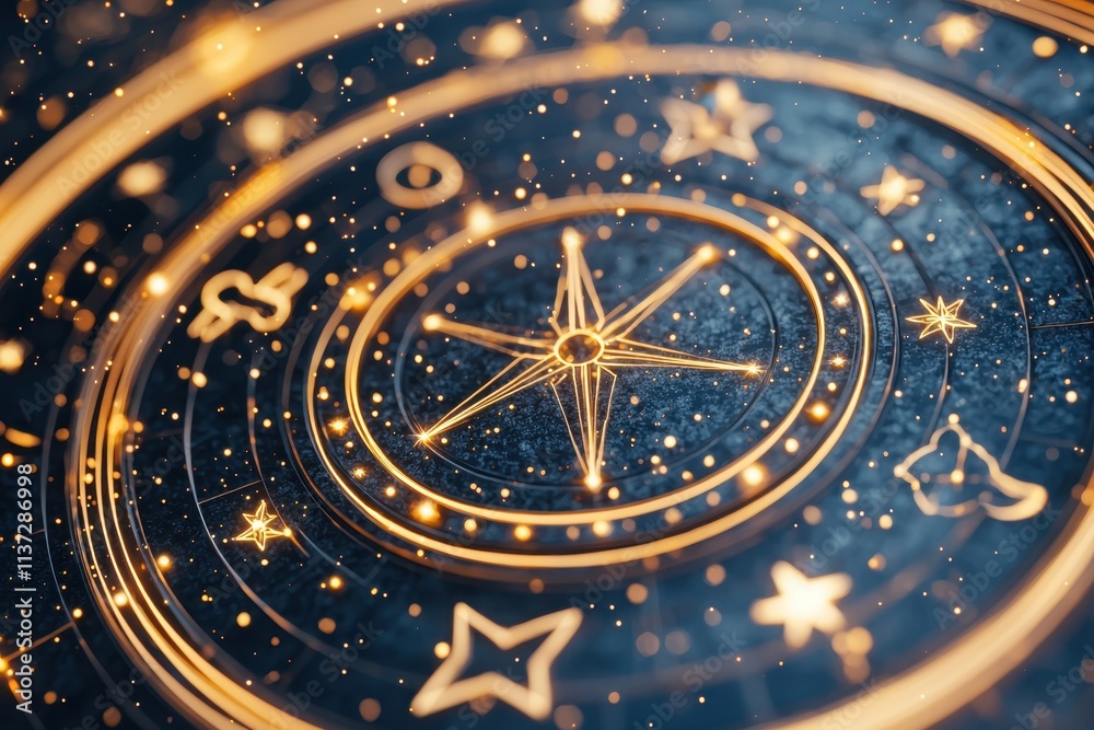 custom made wallpaper toronto digitalA detailed cosmic design featuring a compass and zodiac symbols, illuminated against a dark, starry background.
