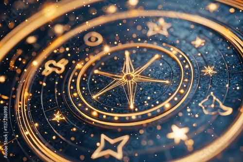 Wallpaper Mural A detailed cosmic design featuring a compass and zodiac symbols, illuminated against a dark, starry background. Torontodigital.ca