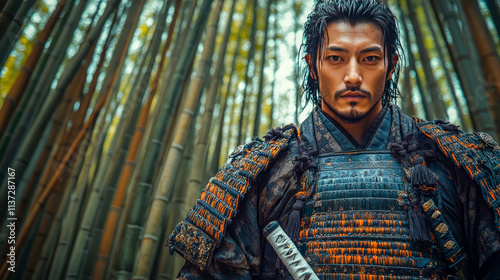 Portrait of an Asian man in traditional samurai attire standing in a bamboo forest with a katana in its scabbard