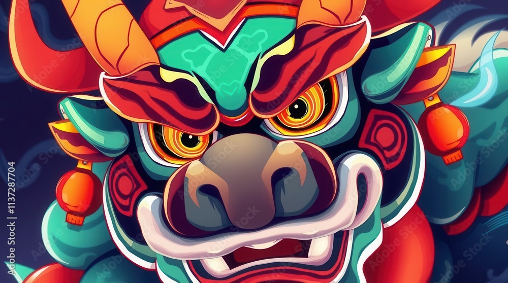Obraz premium A vibrant and colorful close-up of a traditional Chinese lion dance head with intricate details. This image feels celebratory, perfect for festivals or New Year events.