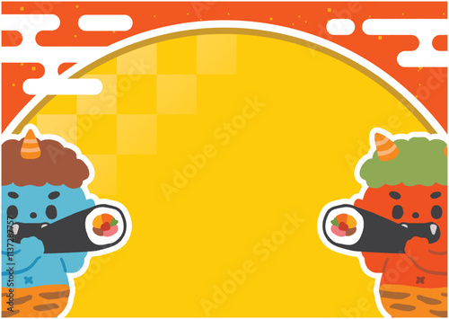 赤鬼と青鬼の節分フレーム　黄色背景