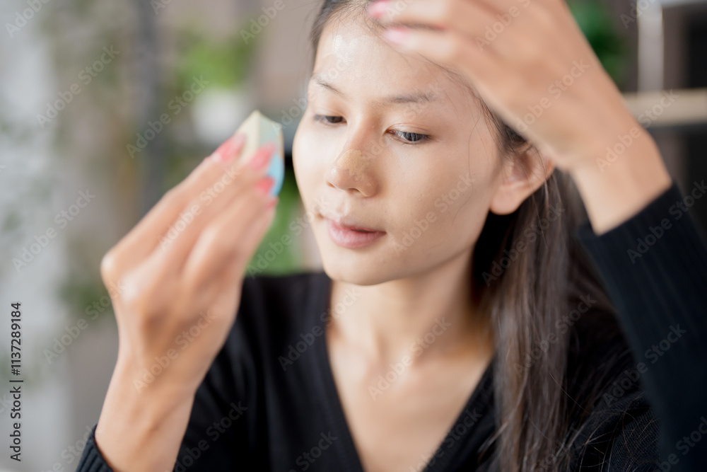 Fototapeta premium Asian woman applying make up foundation and concealer make up on face with cosmetics makeover Daily beauty routine at home.
