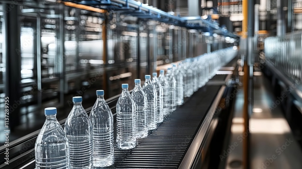 A line of transparent water bottles on a conveyor belt in a modern manufacturing facility, showcasing industrial efficiency and design. A line of transparent water bottles on a conveyor belt in a modern manufacturing facility, showcasing industrial efficiency and design.