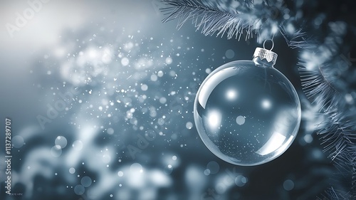 Transparent Christmas Ornament Suspended Against a Softly Blurred Dark Blue Background with Bokeh and Snowflakes photo