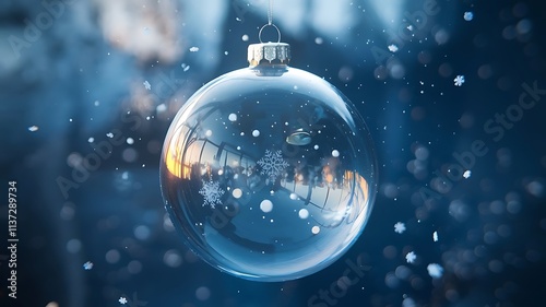 Transparent Christmas Ornament Suspended Against a Softly Blurred Dark Blue Background with Bokeh and Snowflakes photo